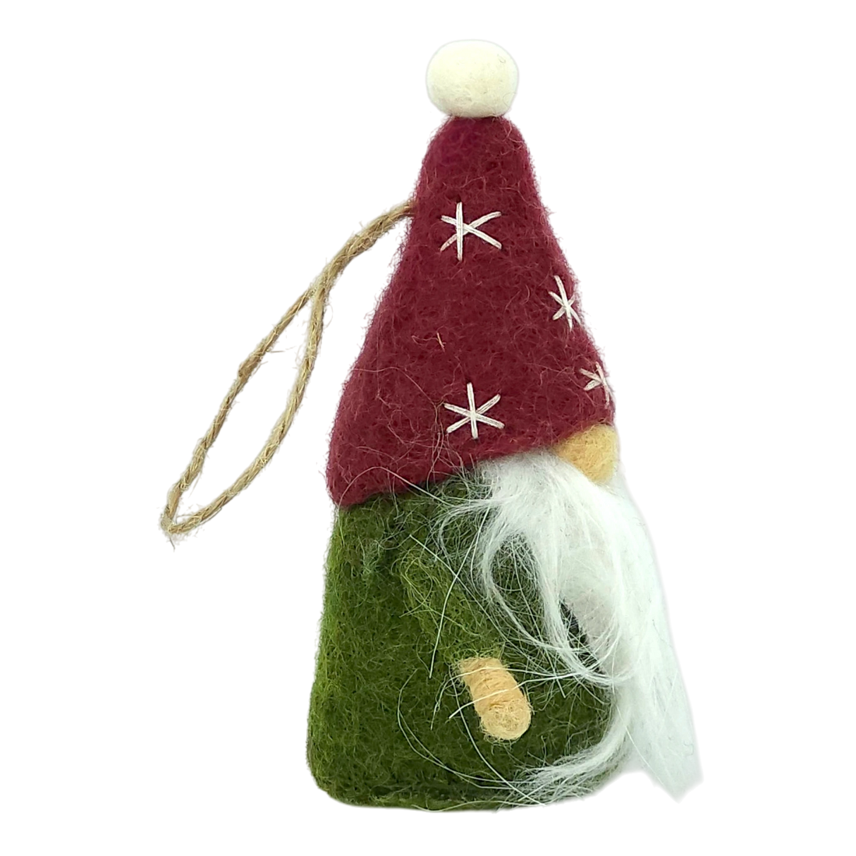 Hand-felted tomte gnome ornament with a red hat, green body, long white beard, and pom-pom, hanging from a brown string.
