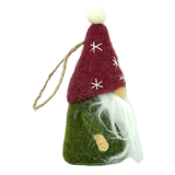 Hand-felted tomte gnome ornament with a red hat, green body, long white beard, and pom-pom, hanging from a brown string.