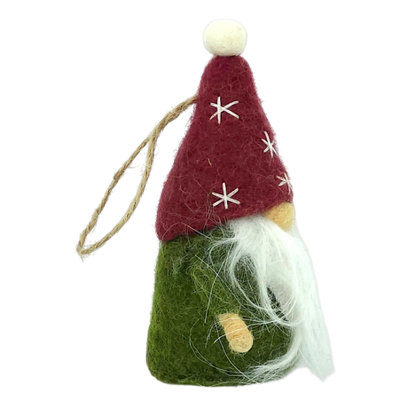 Hand-felted tomte gnome ornament with a red hat, green body, long white beard, and pom-pom, hanging from a brown string.