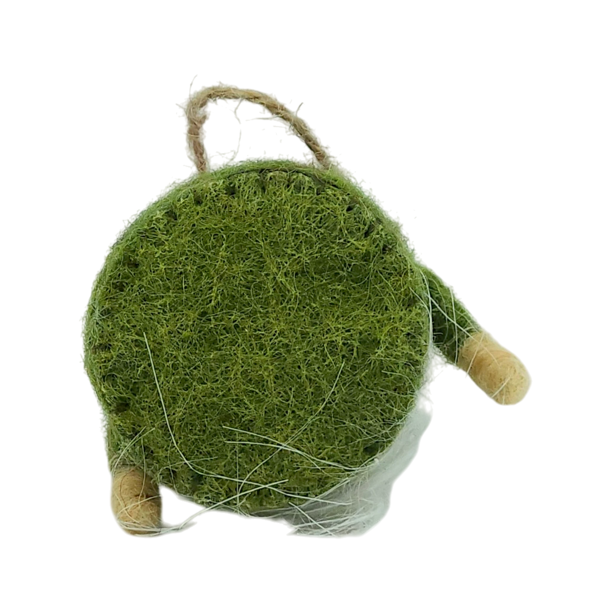 A round green fuzzy wool ornament with a twine hanging loop and two small beige legs, shown on a white background.