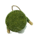 A round green fuzzy wool ornament with a twine hanging loop and two small beige legs, shown on a white background.