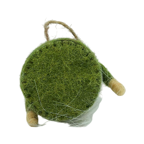 A round green fuzzy wool ornament with a twine hanging loop and two small beige legs, shown on a white background.
