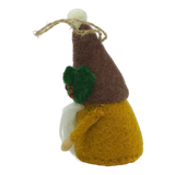 Hand-felted tomte gnome ornament in profile with a brown hat, green leaf detail, white beard, and yellow body on a white background.