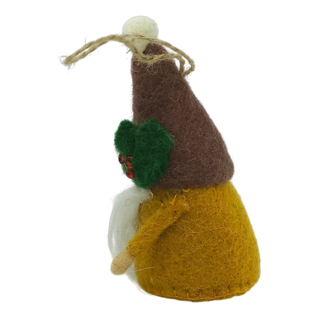 Hand-felted tomte gnome ornament in profile with a brown hat, green leaf detail, white beard, and yellow body on a white background.