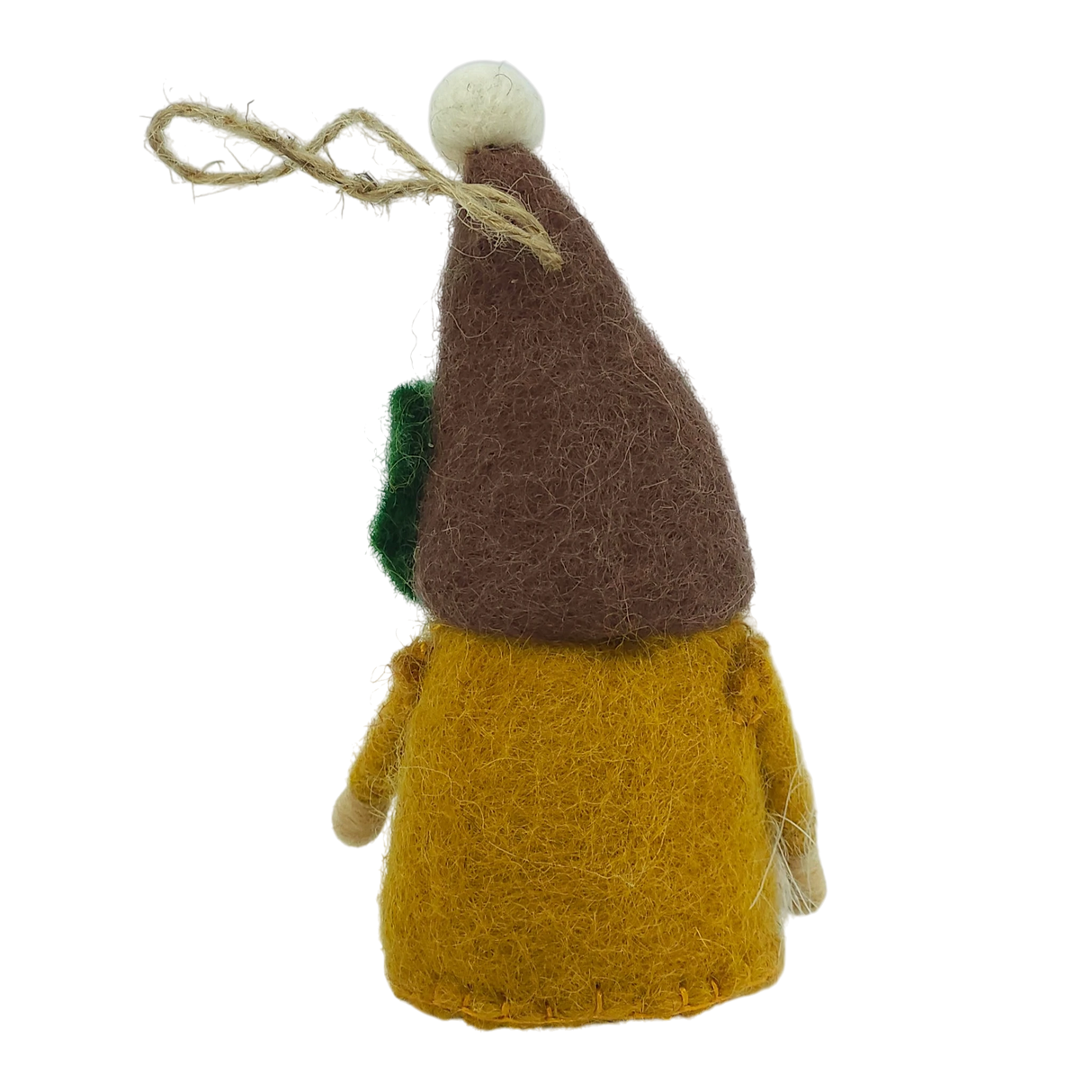Hand-felted tomte gnome ornament seen from the back, featuring a yellow body, brown hat, white pom-pom, and hanging string loop against a white background.