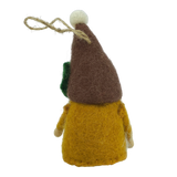 Hand-felted tomte gnome ornament seen from the back, featuring a yellow body, brown hat, white pom-pom, and hanging string loop against a white background.