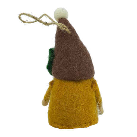 Hand-felted tomte gnome ornament seen from the back, featuring a yellow body, brown hat, white pom-pom, and hanging string loop against a white background.