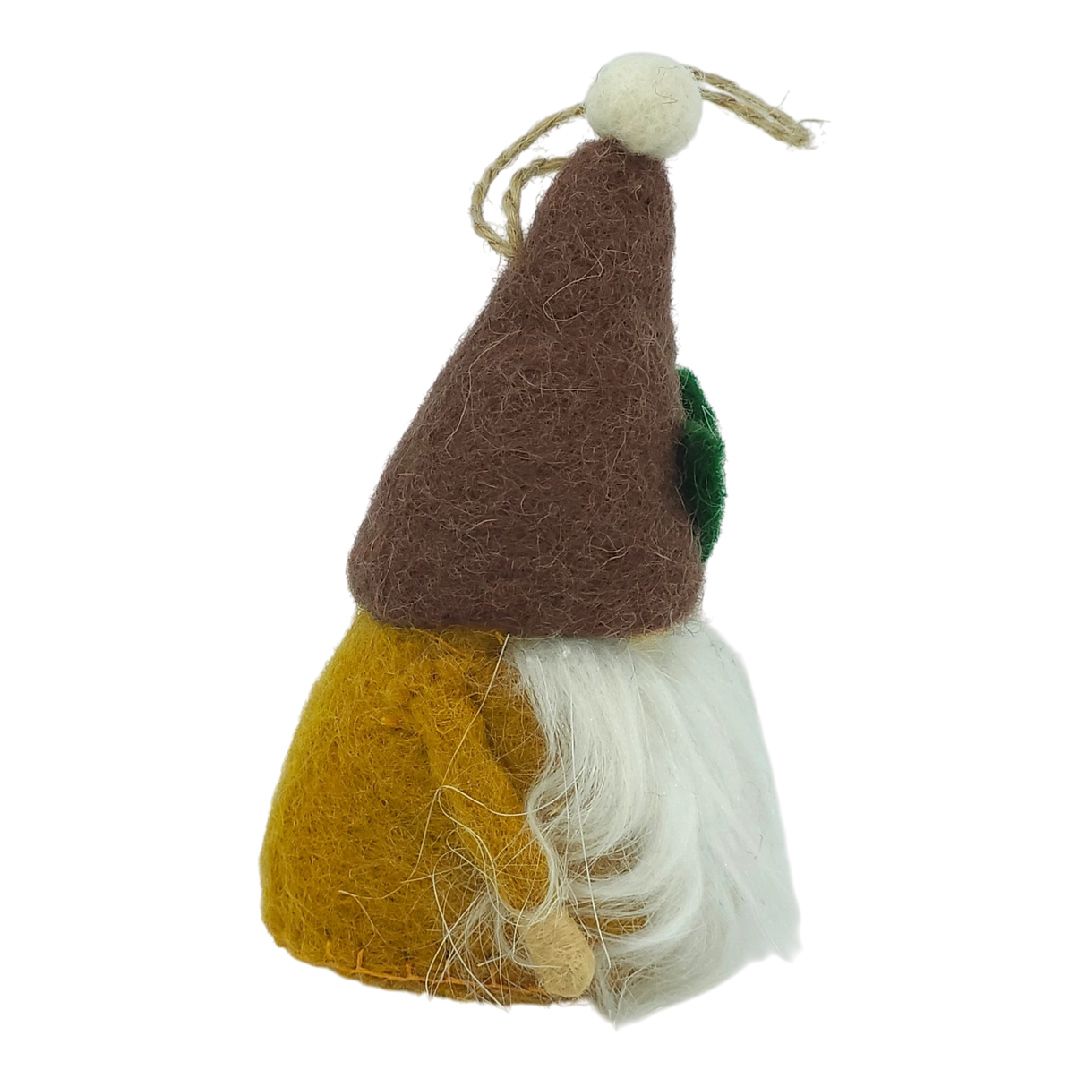 Side view of a hand-felted tomte ornament with a brown hat, yellow body, white beard, green patch on the side, and attached string loop for hanging.