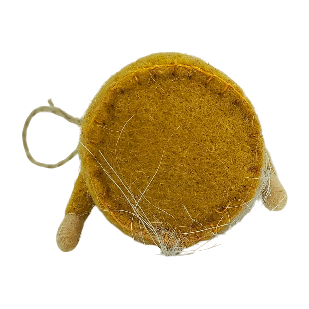 Round yellow wool ornament with visible white fibers, two simple wooden legs, and an attached hanging string, shown from the bottom angle.