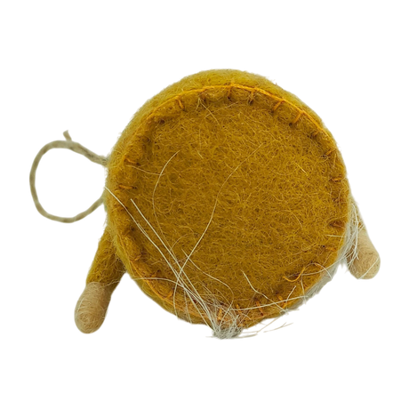 Round yellow wool ornament with visible white fibers, two simple wooden legs, and an attached hanging string, shown from the bottom angle.