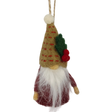 Tomte gnome ornament made of natural wool, featuring a long white beard, red outfit, tan hat decorated with a leaf and berries, hanging by a string.