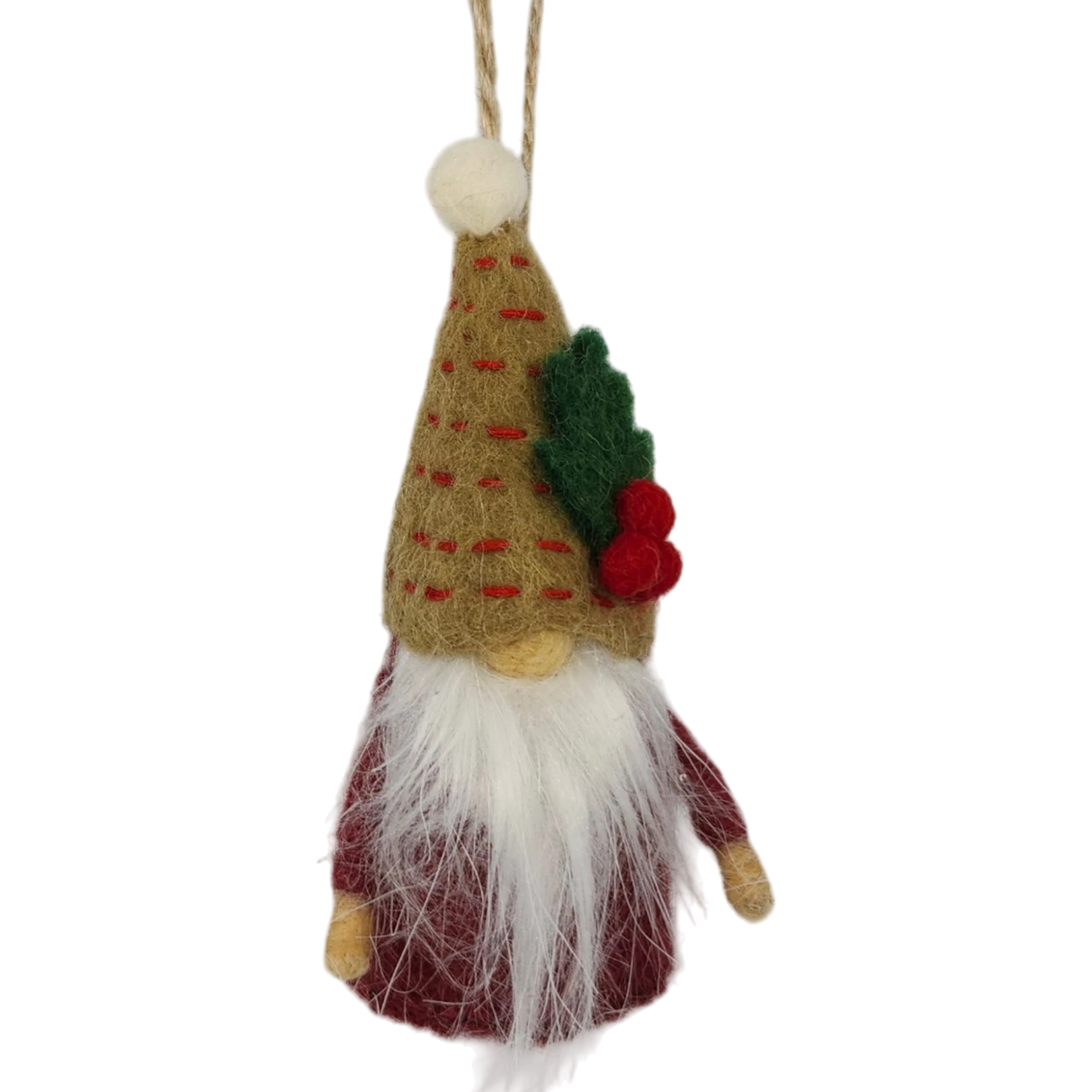 Tomte gnome ornament made of natural wool, featuring a long white beard, red outfit, tan hat decorated with a leaf and berries, hanging by a string.