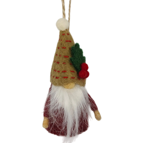 Tomte gnome ornament made of natural wool, featuring a long white beard, red outfit, tan hat decorated with a leaf and berries, hanging by a string.