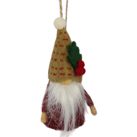 Tomte gnome ornament made of natural wool, featuring a long white beard, red outfit, tan hat decorated with a leaf and berries, hanging by a string.
