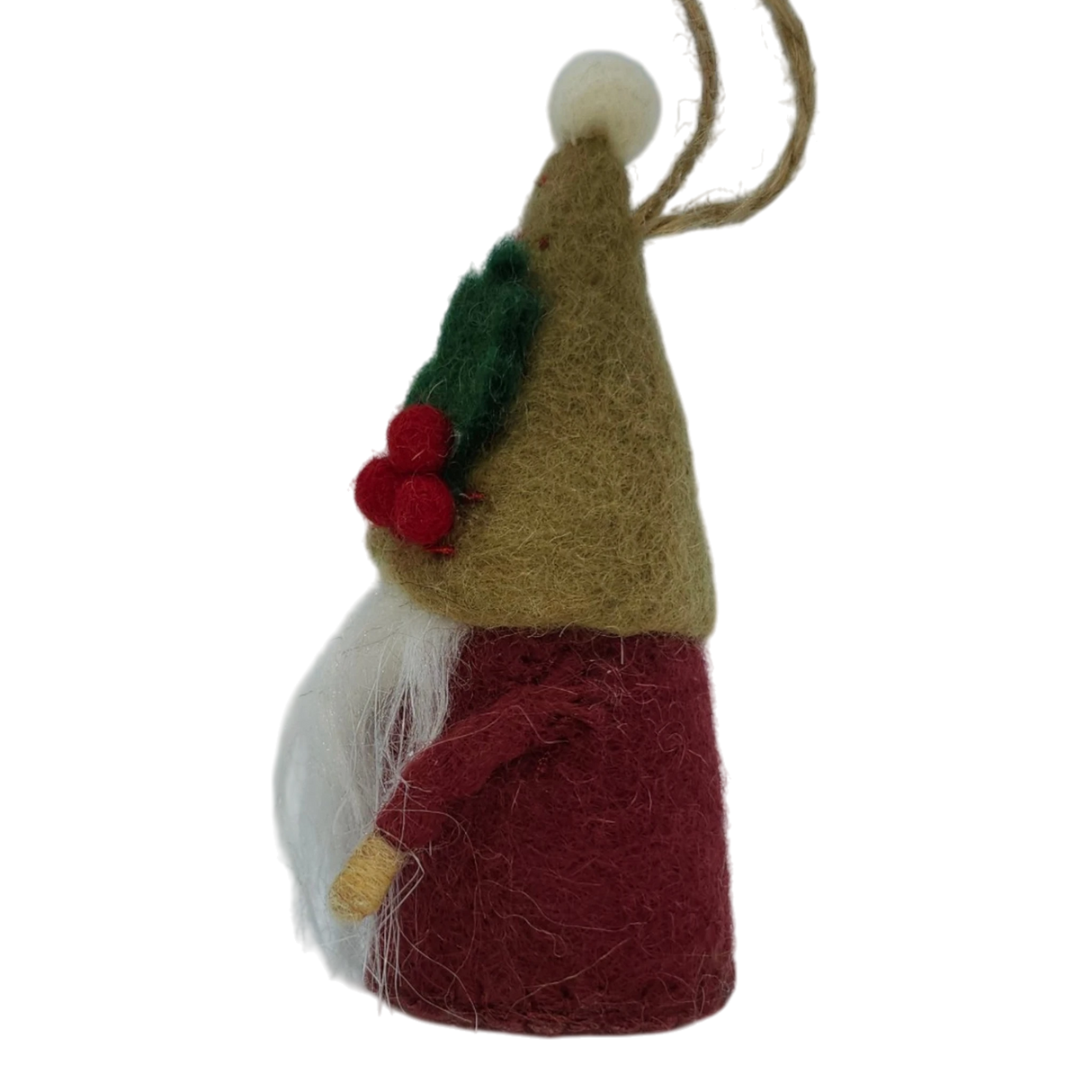 Hand-felted tomte gnome ornament with a tall brown hat, red berries, green leaves, white beard, red body, and a string loop for hanging.