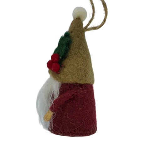 Hand-felted tomte gnome ornament with a tall brown hat, red berries, green leaves, white beard, red body, and a string loop for hanging.