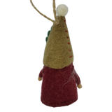 Tomte gnome ornament made of natural wool, shown from the back with a tall tan hat, red outfit, and a hanging string attached to the top.
