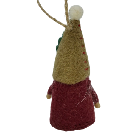 Tomte gnome ornament made of natural wool, shown from the back with a tall tan hat, red outfit, and a hanging string attached to the top.