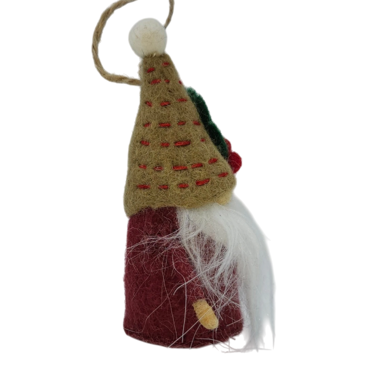 Hand-felted Scandinavian tomte gnome ornament with a tall tan hat, white beard, red body, green accents, and a loop for hanging.
