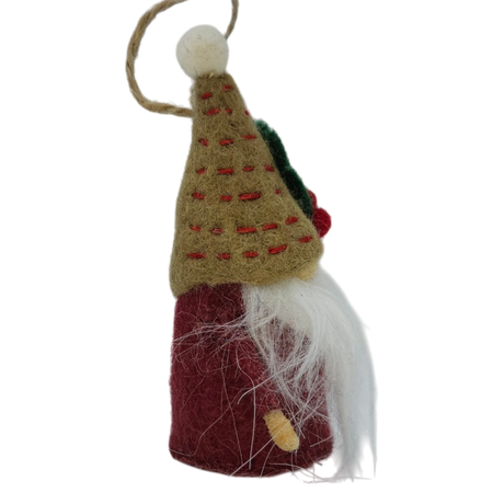 Hand-felted Scandinavian tomte gnome ornament with a tall tan hat, white beard, red body, green accents, and a loop for hanging.