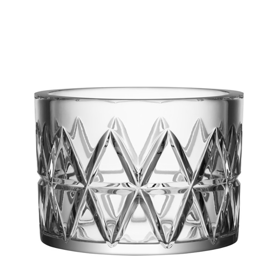 The Orrefors Peak Bowl, made of clear crystal, boasts a stunning geometric diamond pattern that adds an elegant touch to any setting.