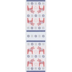 The Svea Swedish Dala Horses Runner by Ekelund Master Weavers features red Dala horses, blue and yellow flowers, and pink hearts in a symmetrical pattern on white, epitomizing Scandinavian design.