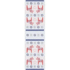 The Svea Swedish Dala Horses Runner by Ekelund Master Weavers features red Dala horses, blue and yellow flowers, and pink hearts in a symmetrical pattern on white, epitomizing Scandinavian design.