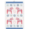 Ekelunds Svea Tea Towel, crafted from organic cotton, features four red Dala horses, blue and yellow daisies, heart shapes, and a blue border. This 14x20 woven textile blends traditional charm with modern eco-friendly craftsmanship.