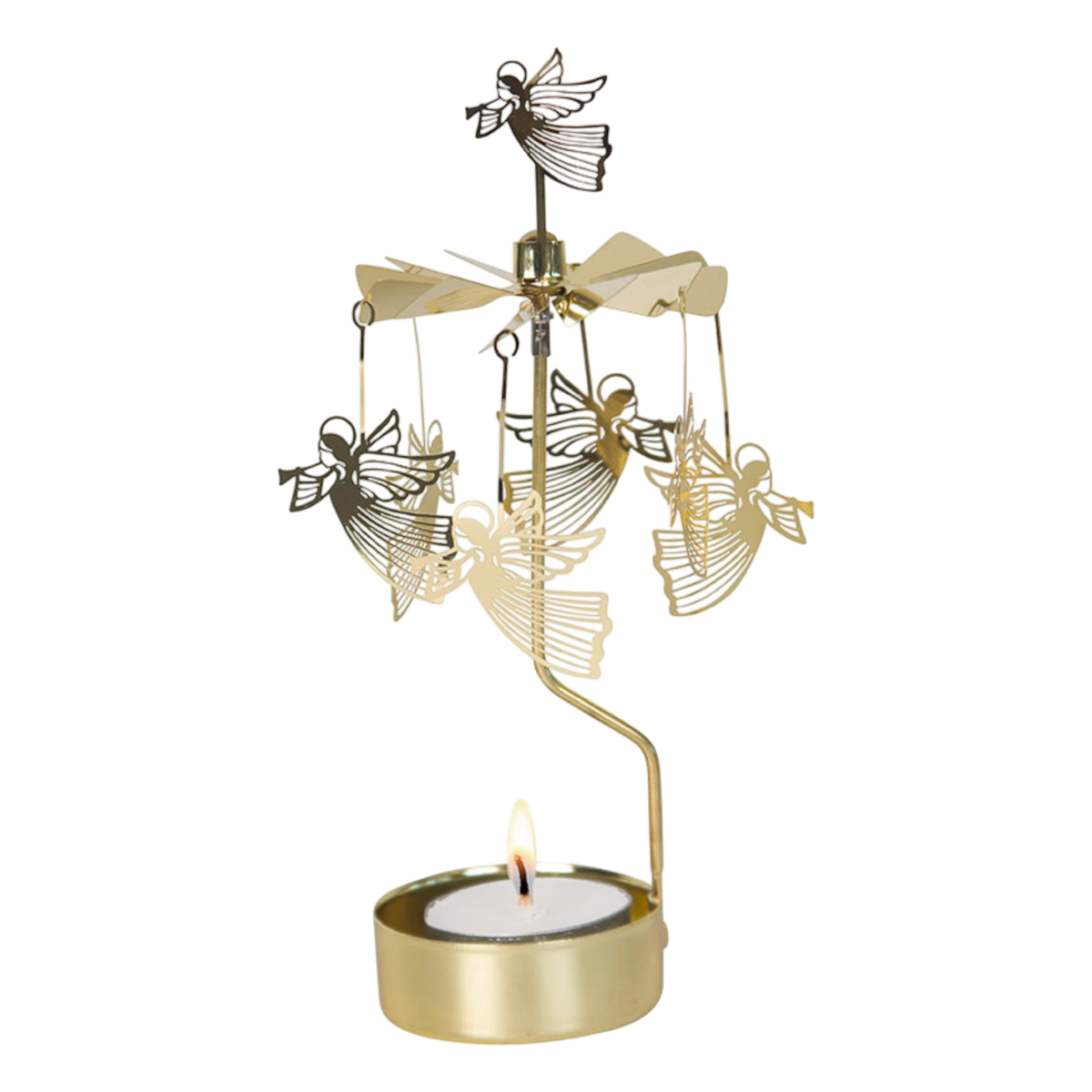 Rotary candle holder with gold flying angels above a lit tealight, metallic blades at the top, and a Scandinavian design.