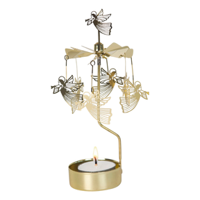 Rotary candle holder with gold flying angels above a lit tealight, metallic blades at the top, and a Scandinavian design.