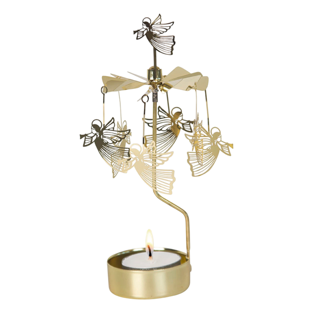 Rotary candle holder with gold flying angels above a lit tealight, metallic blades at the top, and a Scandinavian design.