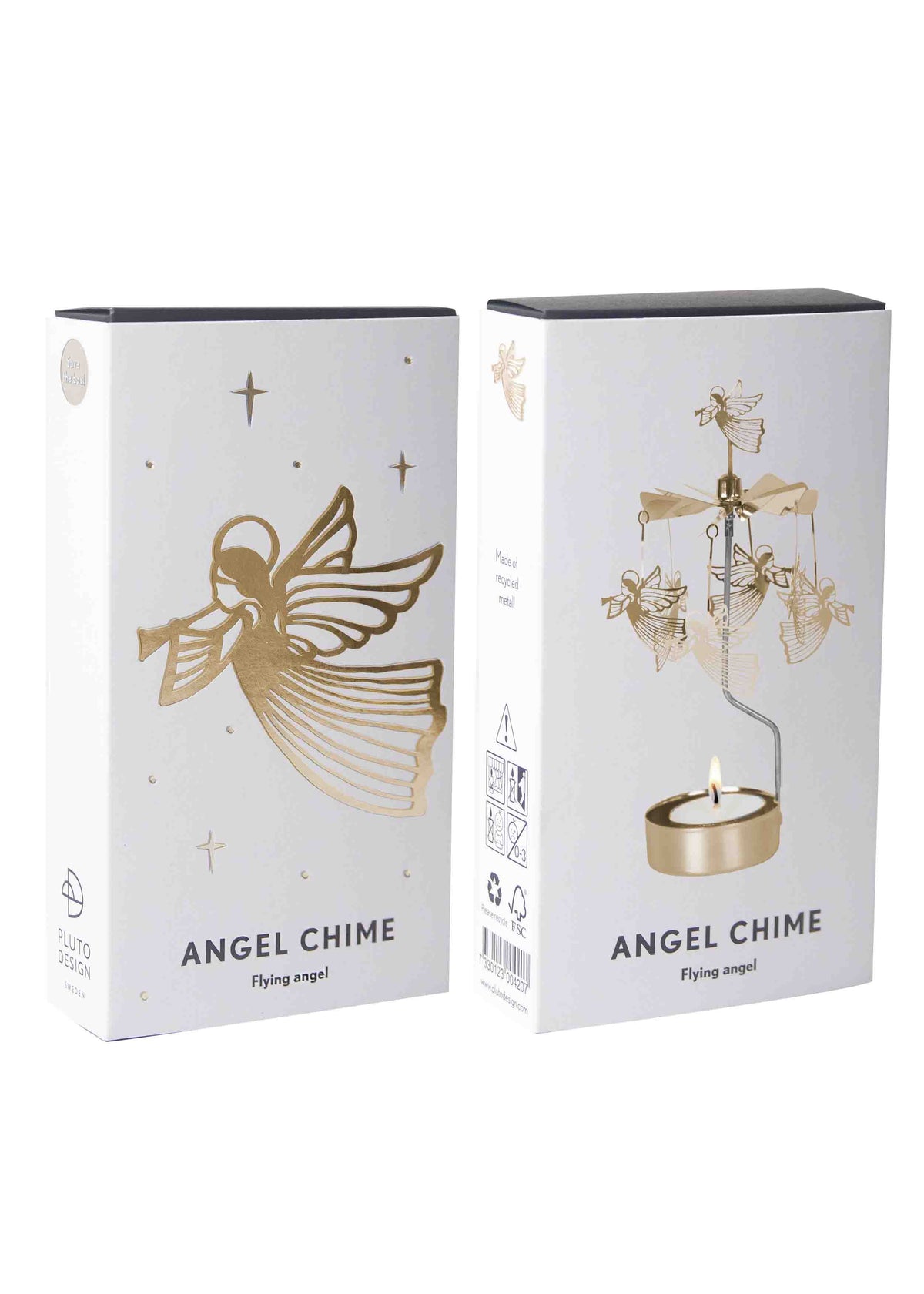 Two white boxes labeled “Angel Chime” with gold flying angels and an illustrated rotary candle holder in a Scandinavian style.