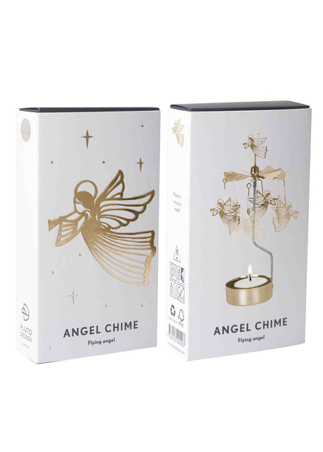 Two white boxes labeled “Angel Chime” with gold flying angels and an illustrated rotary candle holder in a Scandinavian style.