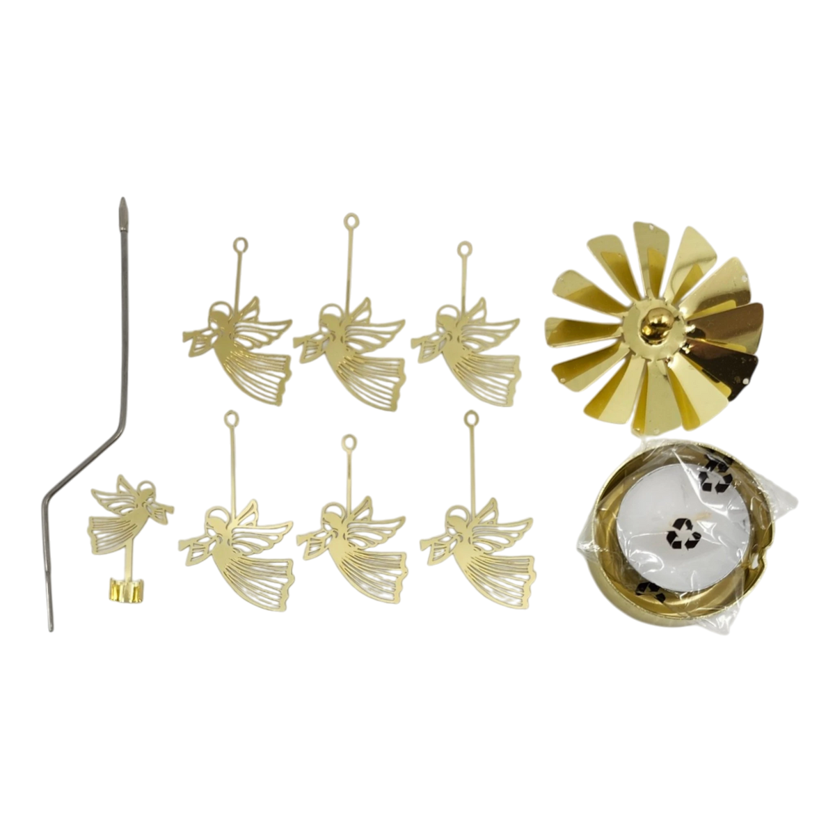 Golden metallic rotary candle holder featuring gold flying angel figures, a vertical stick with a propeller, round base, and tealight candle in a plastic cup on white background.