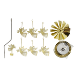 Golden metallic rotary candle holder featuring gold flying angel figures, a vertical stick with a propeller, round base, and tealight candle in a plastic cup on white background.