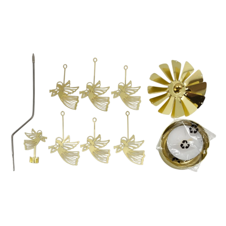 Golden metallic rotary candle holder featuring gold flying angel figures, a vertical stick with a propeller, round base, and tealight candle in a plastic cup on white background.