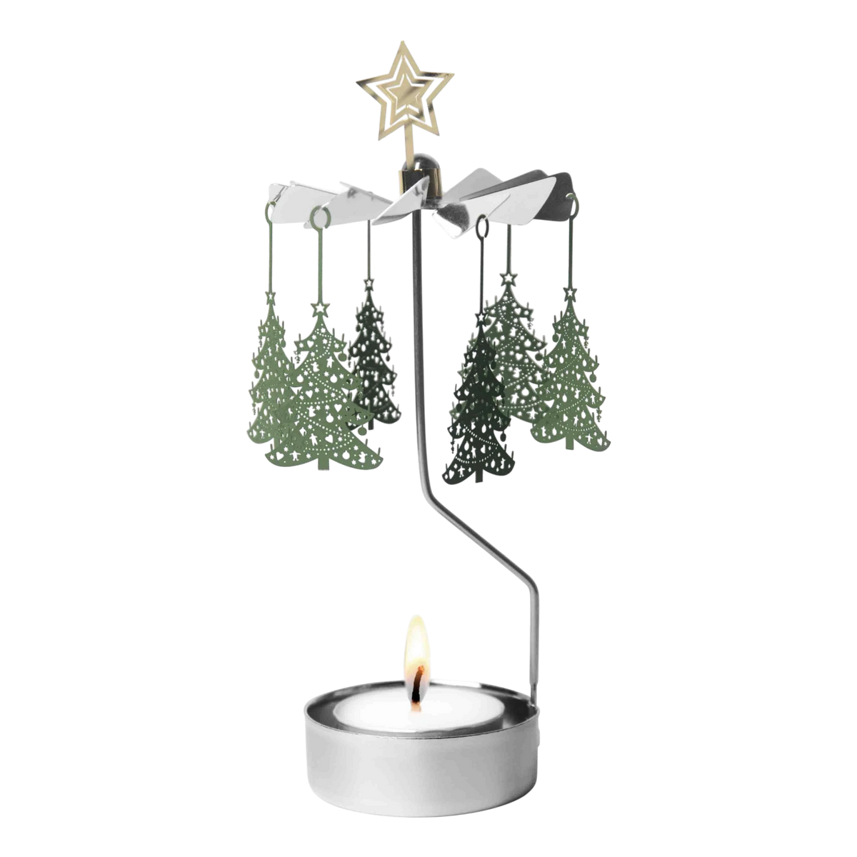 Metal rotary candle holder carousel with Christmas tree-shaped ornaments and a star topper, spinning above a lit tealight candle, on a white background.