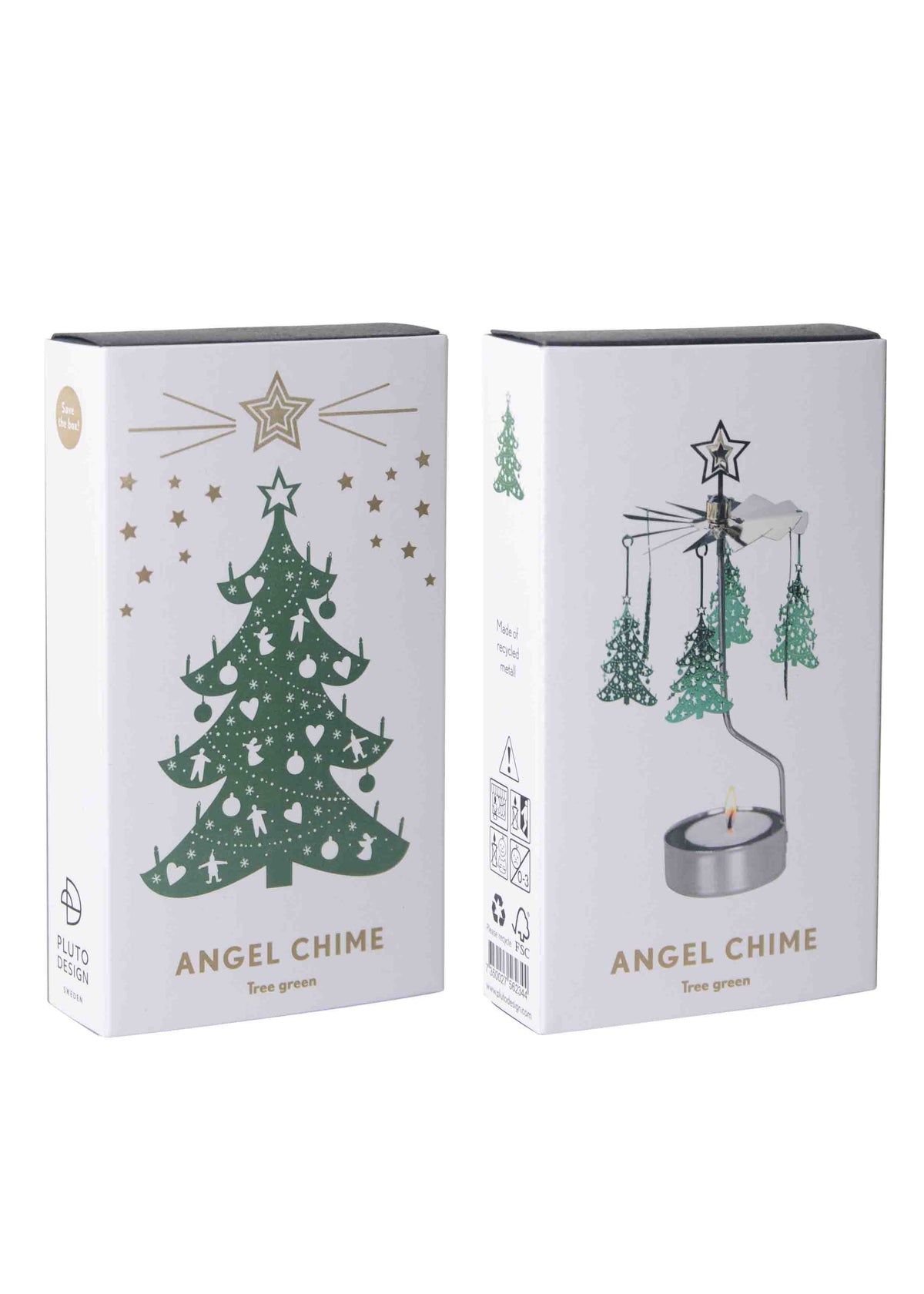 Two Angel Chimes boxes; front box features a green Christmas tree, back box shows the assembled rotary candle holder with tealight and spinning angel figures.