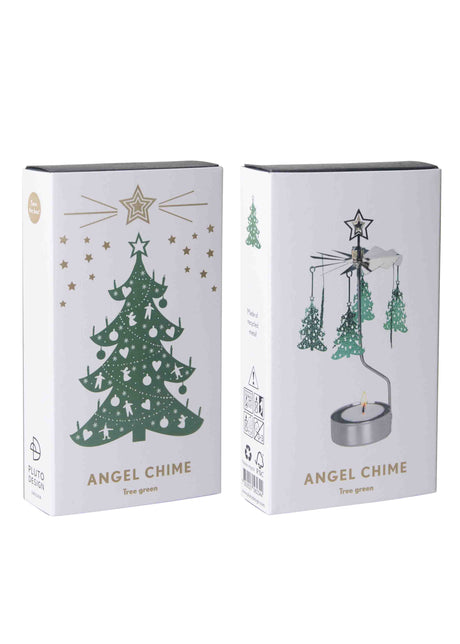 Two Angel Chimes boxes; front box features a green Christmas tree, back box shows the assembled rotary candle holder with tealight and spinning angel figures.