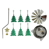 Metal Christmas tree-shaped pieces, rotor, central rod, star topper, and round base for a rotary candle holder carousel displayed on a white background.