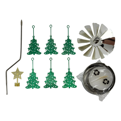 Metal Christmas tree-shaped pieces, rotor, central rod, star topper, and round base for a rotary candle holder carousel displayed on a white background.