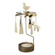 Gold-tone metal Swedish candle carousel featuring hanging Nativity figures, a star topper, and a burning tea light in the base.