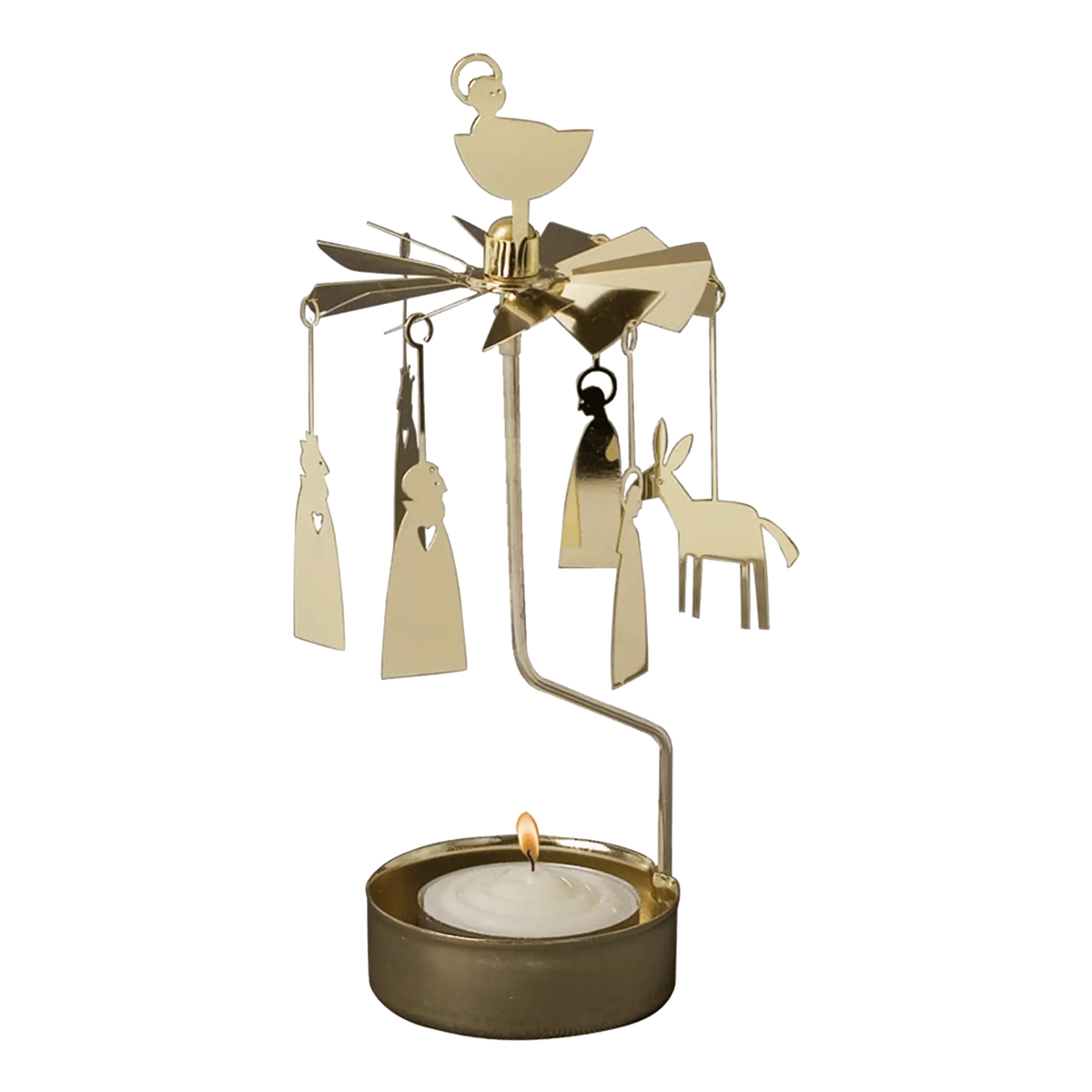 Gold-tone metal Swedish candle carousel featuring hanging Nativity figures, a star topper, and a burning tea light in the base.