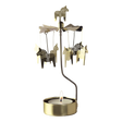 Gold Swedish rotary candle holder with Dala horse silhouettes and a lit tea light.