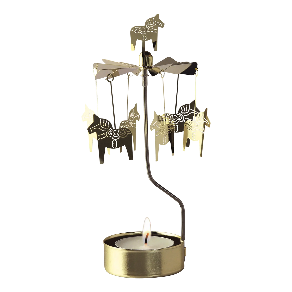 Gold Swedish rotary candle holder with Dala horse silhouettes and a lit tea light.