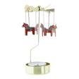 Gold-toned metal Swedish rotary candle holder with hanging red Dala horses featuring blue and white rosemaling patterns.