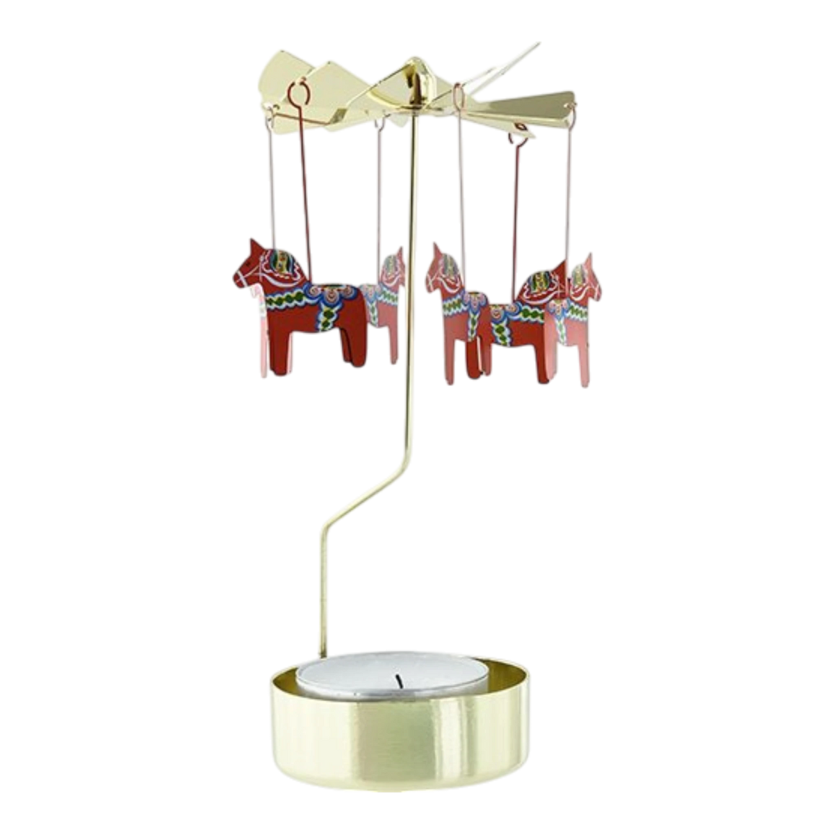 Gold-toned metal Swedish rotary candle holder with hanging red Dala horses featuring blue and white rosemaling patterns.