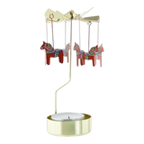Gold-toned metal Swedish rotary candle holder with hanging red Dala horses featuring blue and white rosemaling patterns.