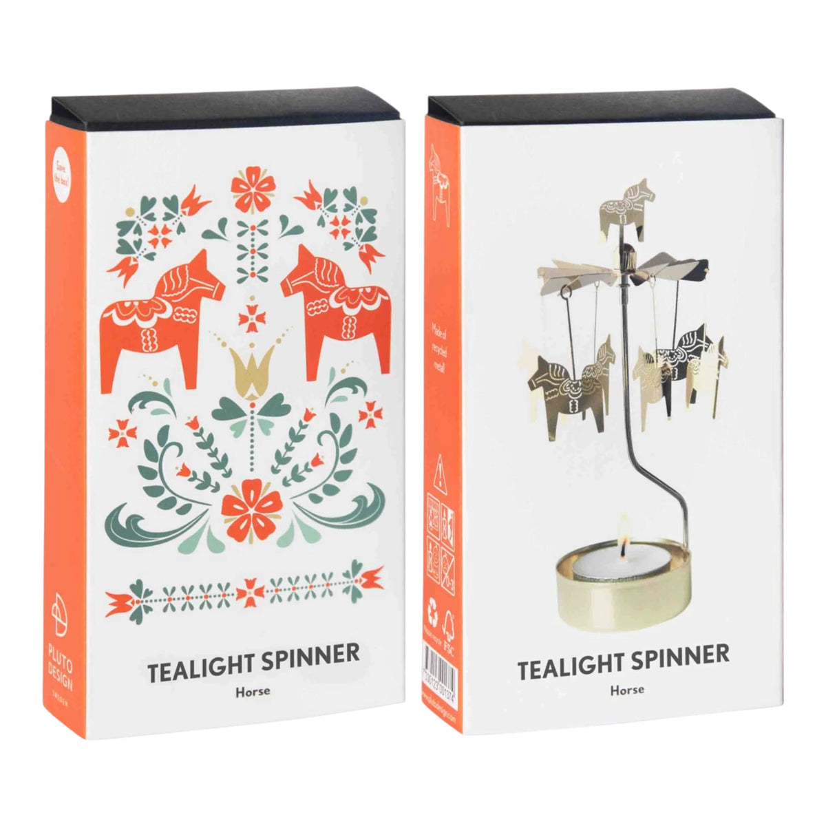 A Dala horse candle holder in its packaging, featuring a box with red and green folk art and a metal rotating carousel with hanging horse ornaments.