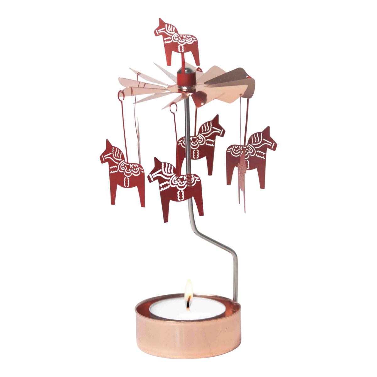 Rose gold Dala Horse metal figures spin on a rotary candle holder above a tealight in a copper holder, shown against a plain white background.